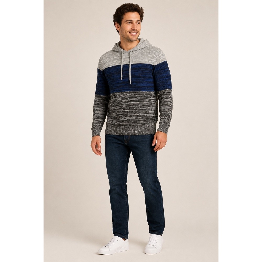 Sun + Stone Mens XL Colorblock Knit Hoodie Sweater Blue Grey Minimalist NEW